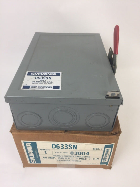 SYLVANIA D633SN FUSIBLE SAFETY SWITCH 60A 240VAC 3 POLE NEMA 1 SURFACE ENCLOSURE