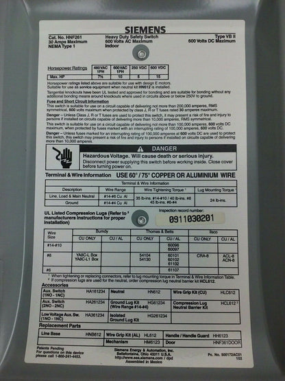 SIEMENS HNF261 NON FUSIBLE SAFETY SWITCH TYPE 1 ENCLOSURE TYPE VB11 30A 600V