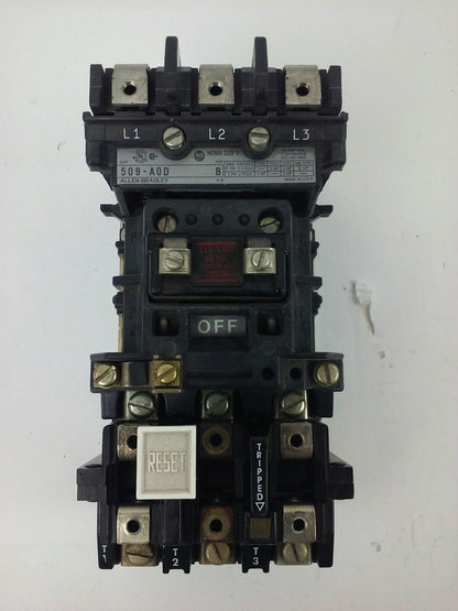 ALLEN BRADLEY 509-AOD, SER. B, STARTER, SIZE 0, 600V, 18A, 5 H.P.,120V COIL,USED
