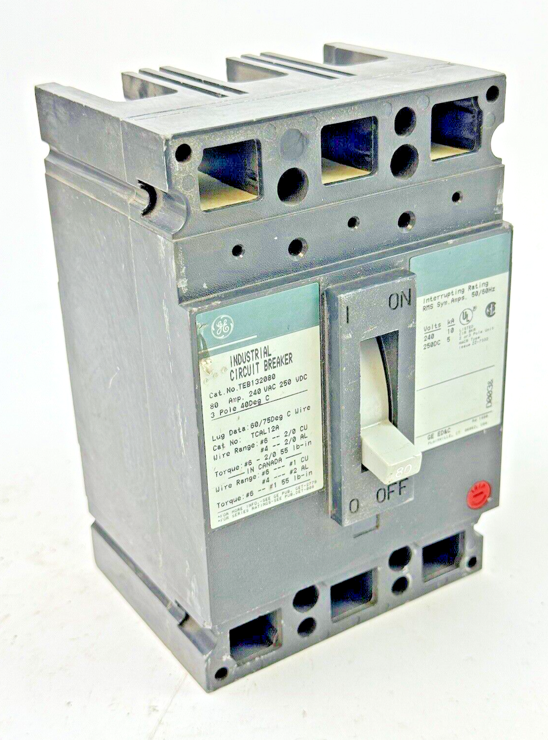 GE - TEB132080 - INDUSTRIAL CIRCUIT BREAKER  - 80 A, 240 VAC, 250 VDC, 3 POLE