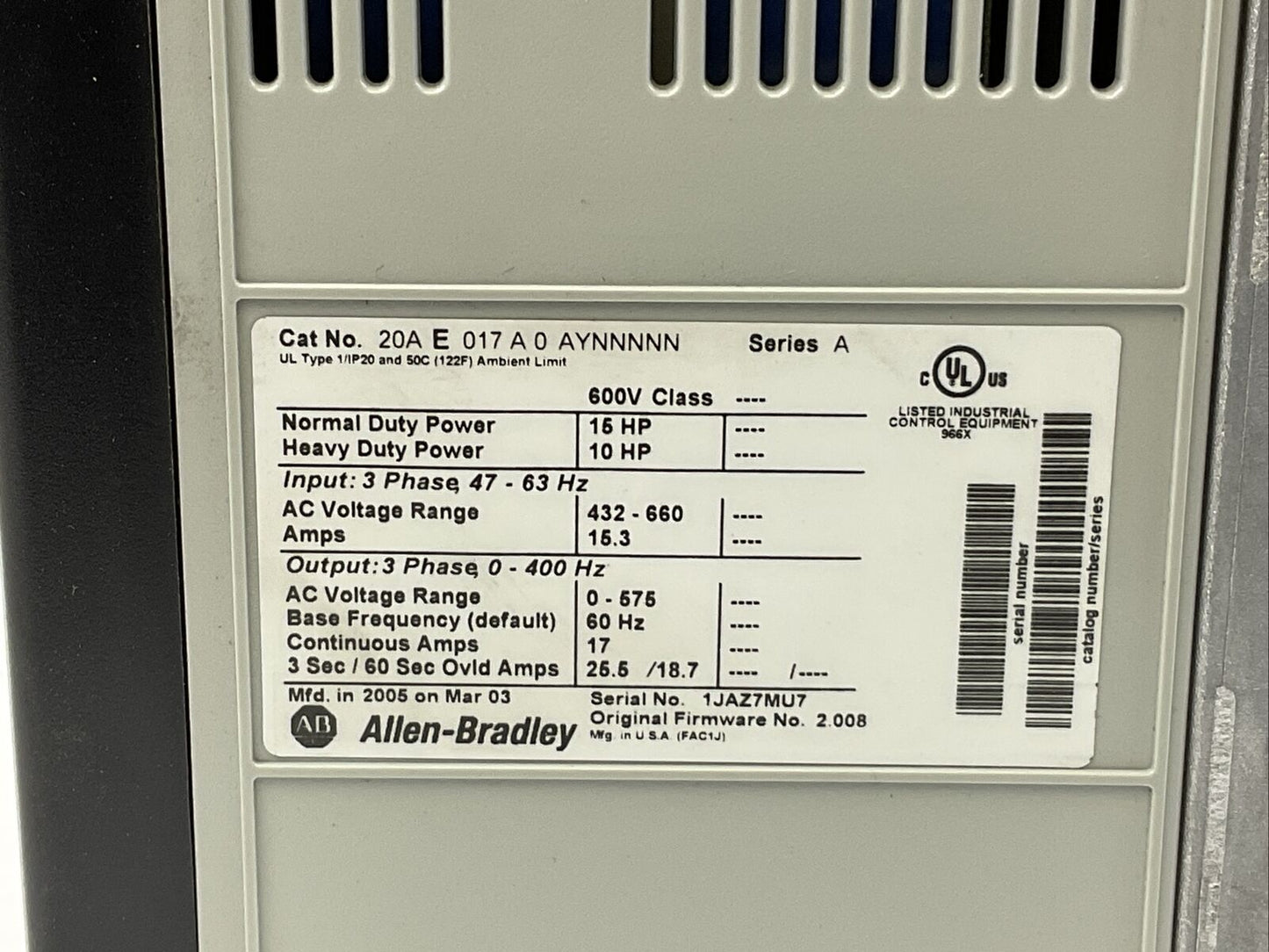 ALLEN BRADLEY 20AE017A0AYNNNNN AC DRIVE F/W 2.008 SER A 15HP OUTPUT 0-575VAC 3PH