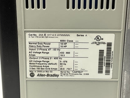 ALLEN BRADLEY 20AE017A0AYNNNNN AC DRIVE F/W 2.008 SER A 15HP OUTPUT 0-575VAC 3PH