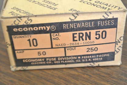 BOX of 10 / ECONOMY / FPE / ERN50 RENEWABLE FUSE / 50A / 250V / NEW SURPLUS