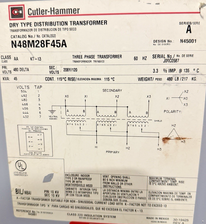 CUTLER HAMMER N48M28F45A 45KVA 3PH TRANSFORMER PRIM:480  SEC:208Y/120 SER.A