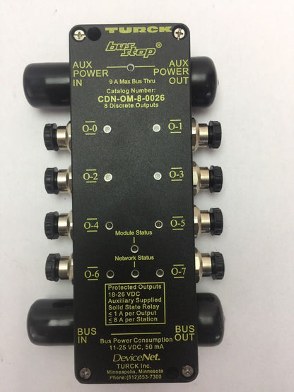 TURCK CDN-OM-8-0026 NETWORK STATION PROTECTED OUTPUT 18-26VDC 9A MAX BUS THRU