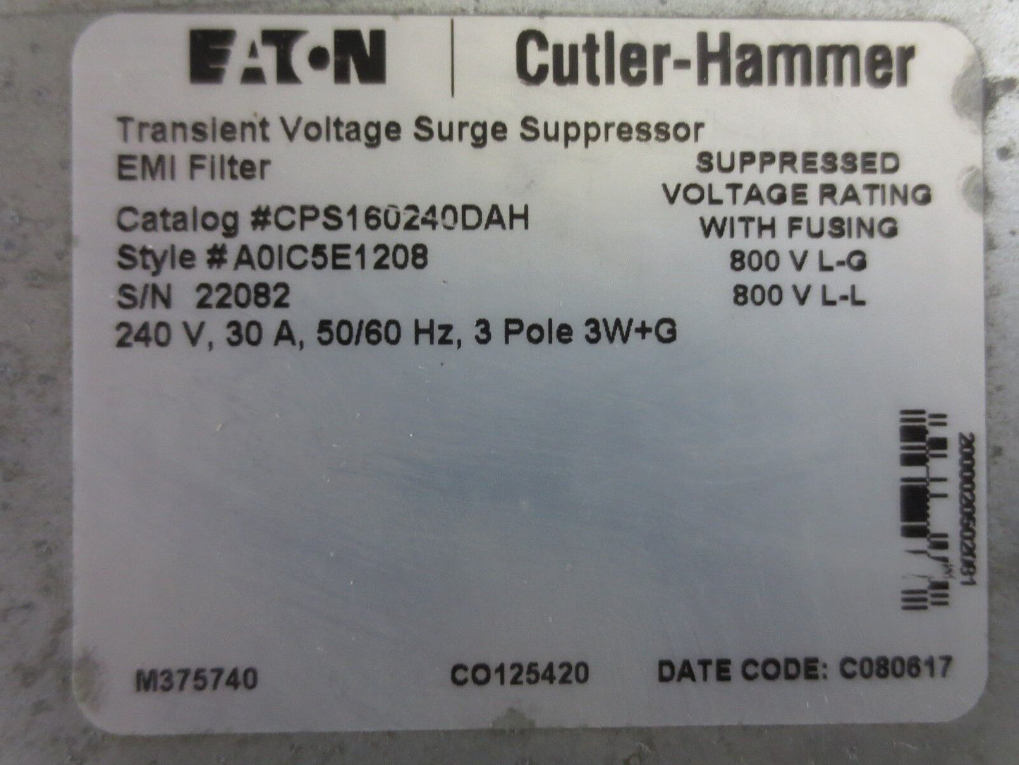 CUTLER-HAMMER CPS160240DAH TRANSIENT VOLTAGE SURGE SUPPRESSOR 240V, 30A