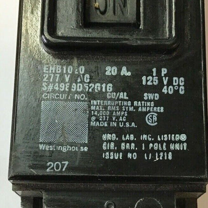 WESTINGHOUSE EHB1020 CIRCUIT BREAKER 20A 277VAC 125VDC 1P***LOTOF3***