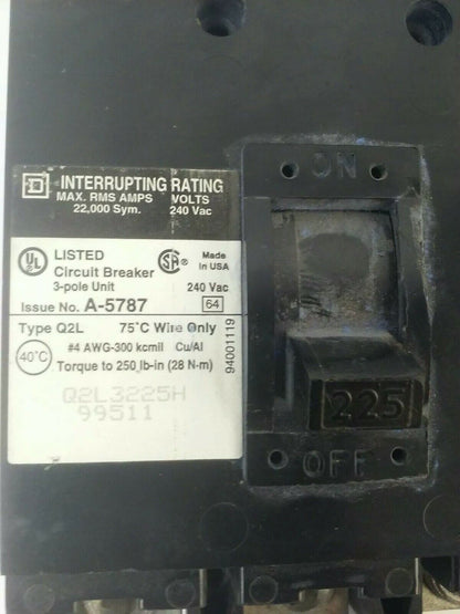 SQUARE D Q2L3225H CIRCUIT BREAKER 3P 225A 240VAC TYPE Q2L