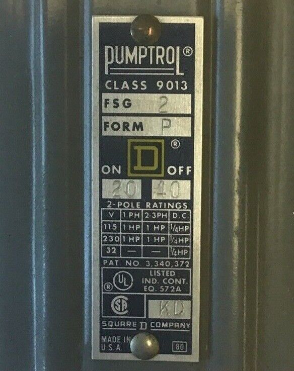 SQUARE D FSG-2 PRESSURE SWITCH CLOSE 20 OPEN 40 FORM P