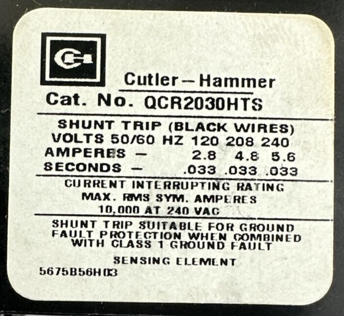 CUTLER HAMMER QCR2030HTS CIRCUIT BREAKER 2P 30A 240VAC 120-240VAC SHUNT TRIP