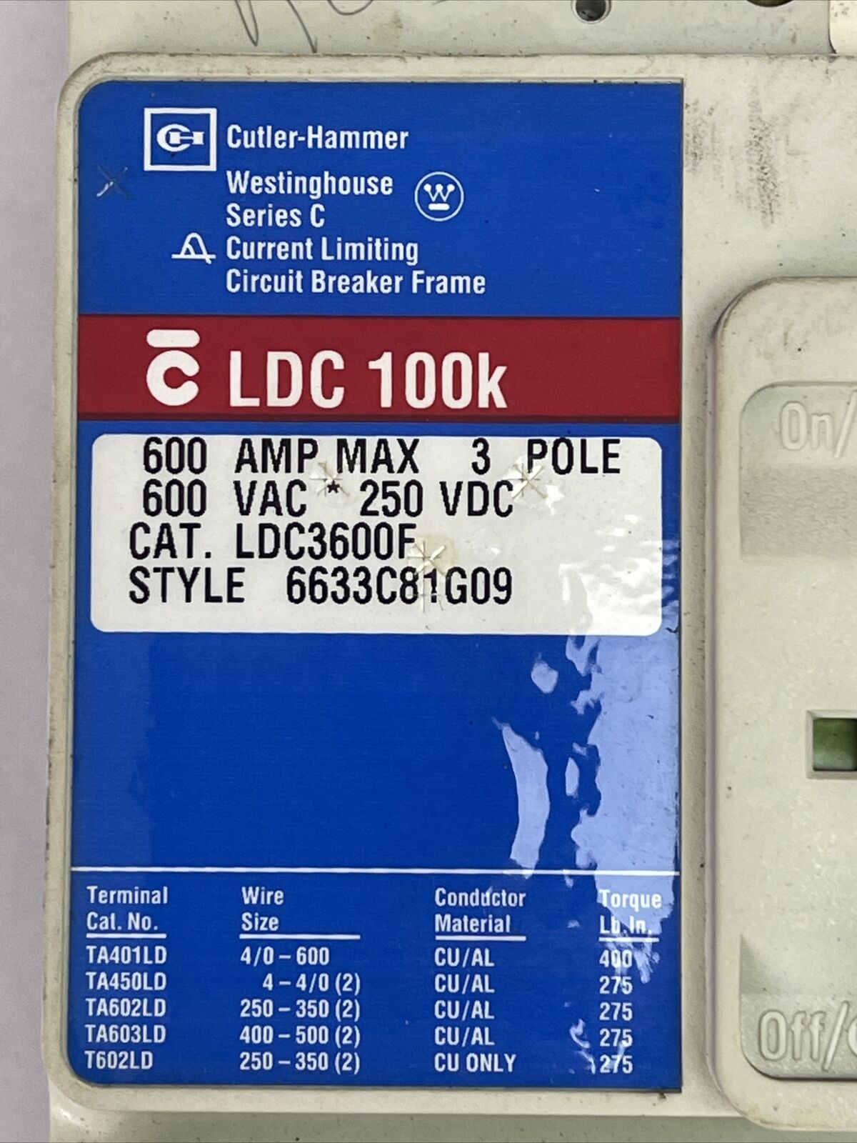 CUTLER HAMMER LDC3600F CIRCUIT BREAKER SER C 600A 3P 600VAC 250VDC LT3600T 600A