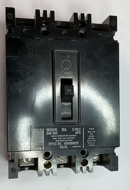 WESTINGHOUSE EB3020L CIRCUIT BREAKER 20A 3POLE 240VAC