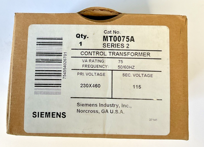 SIEMENS MT0075A CONTROL TRANSFORMER 75VA 50/60HZ PRIM.230X460V SEC.115V