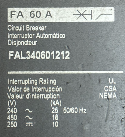 SQUARE D FAL340601212 CIRCUIT BREAKER 480VAC 250VDC 60A 3P