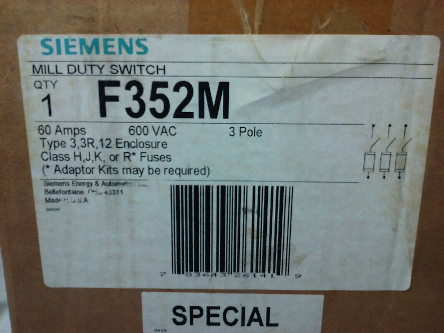 SIEMENS F352M MILL DUTY SWITCH, 60A, 600V, 3P,MAX H.P. 50,TYPE 3,3R,12 ENCLOSURE