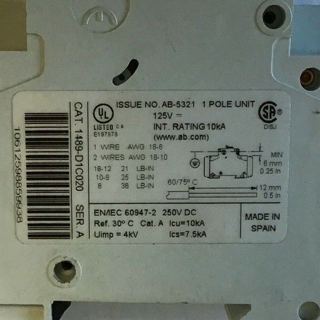 ALLEN BRADLEY 1489-D1C020 SER.A CIRCUIT BREAKER W/ 1489-ABH12 AUX. CURCUIT