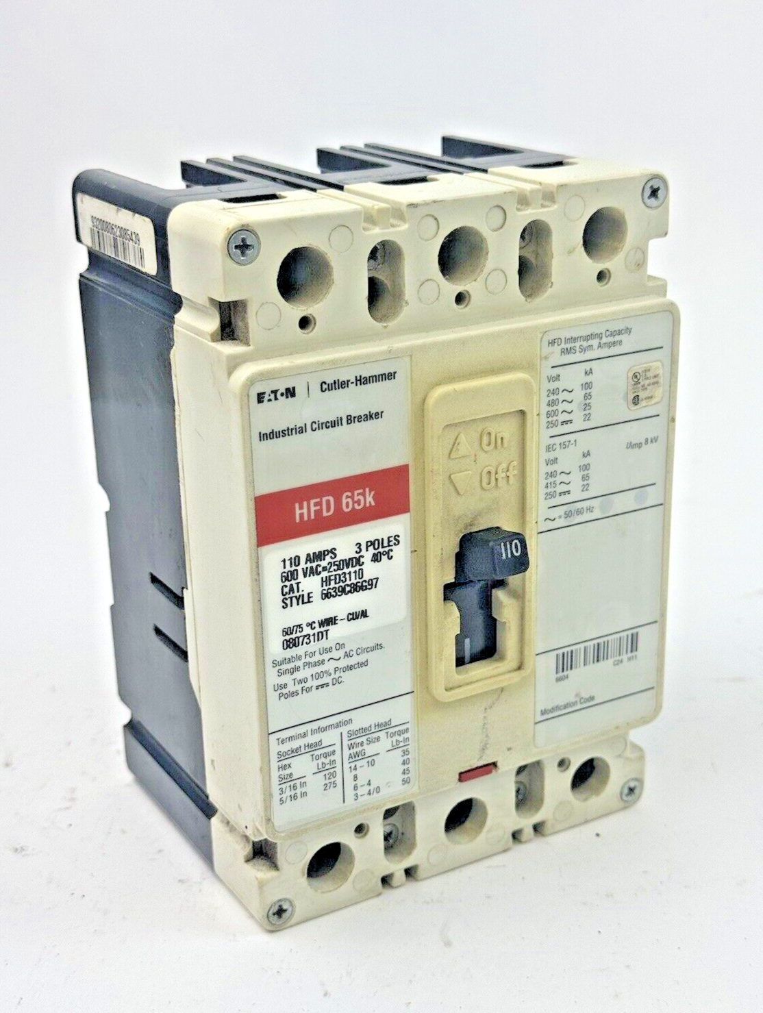 EATON - CUTLER-HAMMER - HFD3110 - CIRCUIT BREAKER - 3POLE/110A/600 VAC/HFD65K