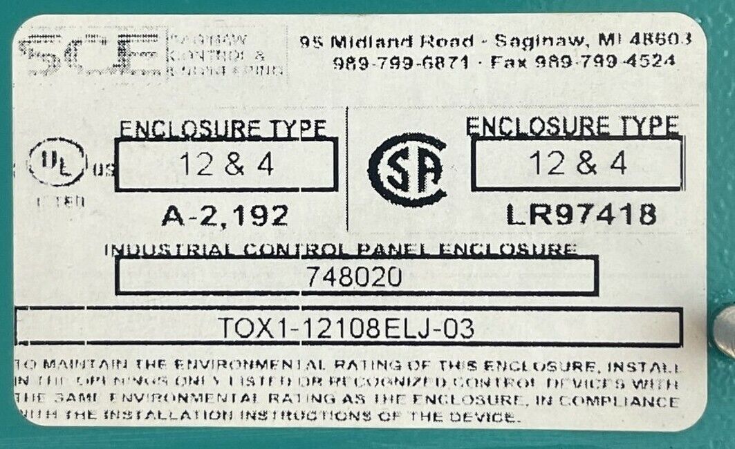 SAGINAW LR97418 INDUSTRIAL CONTROL PANEL ENCLOSURE TYPE 4 &12 TOX1-12108ELJ-03