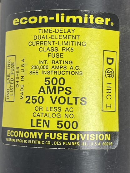 ECONOMY LENR500 500A 250VAC ECON-LIMITER TIME DELAY DUAL ELEMENT CLASS RK5 FUSE