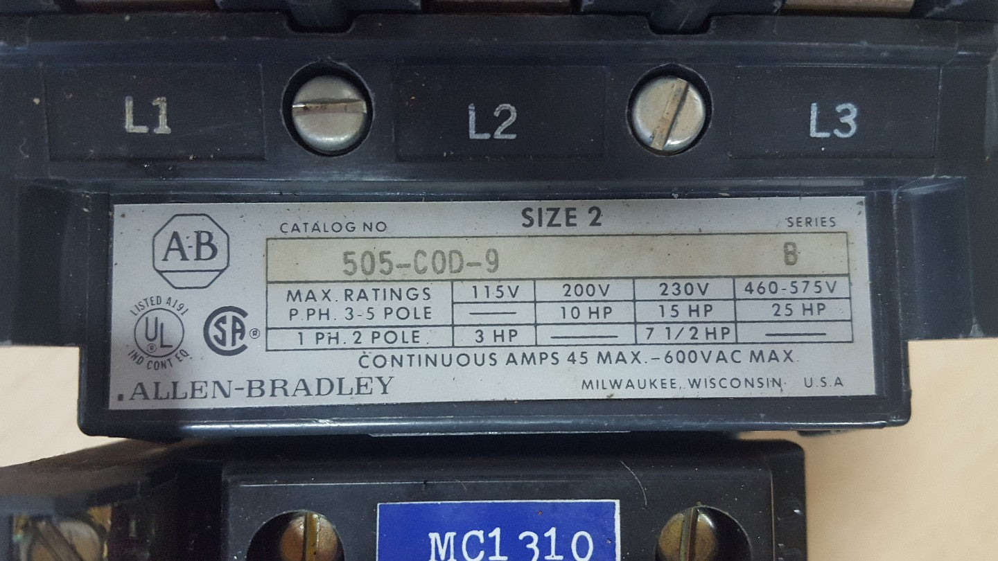 ALLEN BRADLEY 505-C0D-9 SIZE 2  CONTACTOR 600VAC