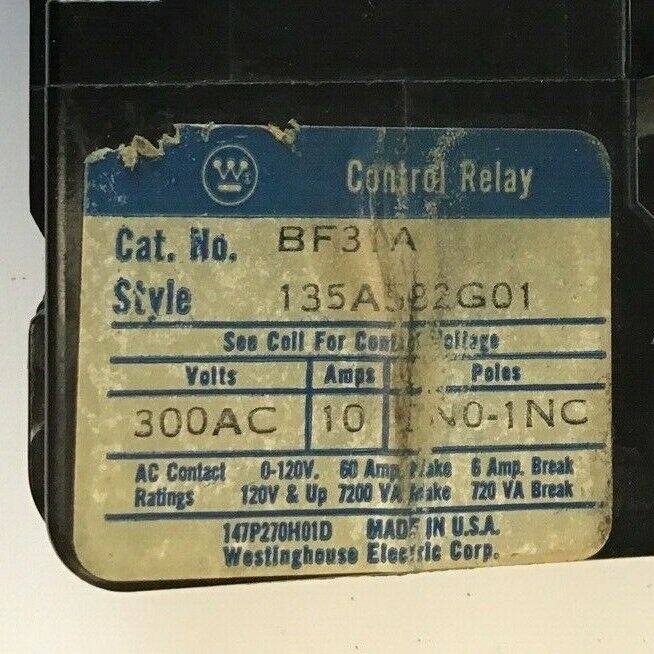 WESTINGHOUSE  BF31A CONTROL RELAY 300VAC 10A 135A582G01