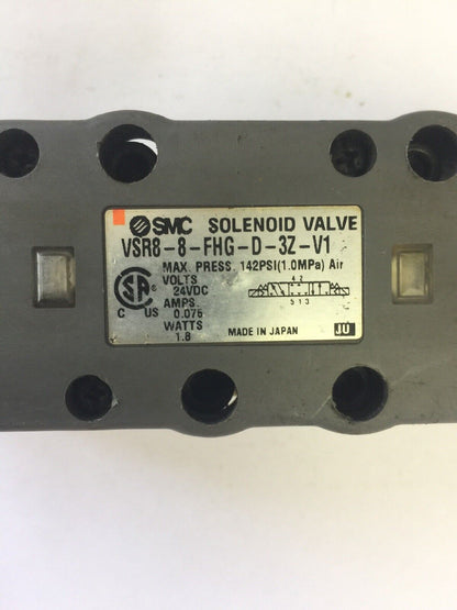 SMC VSR8-8-FHG-D-3Z-V1 SOLENOID VALVE 24 VDC 0.075 AMPS 1.8 WATTS