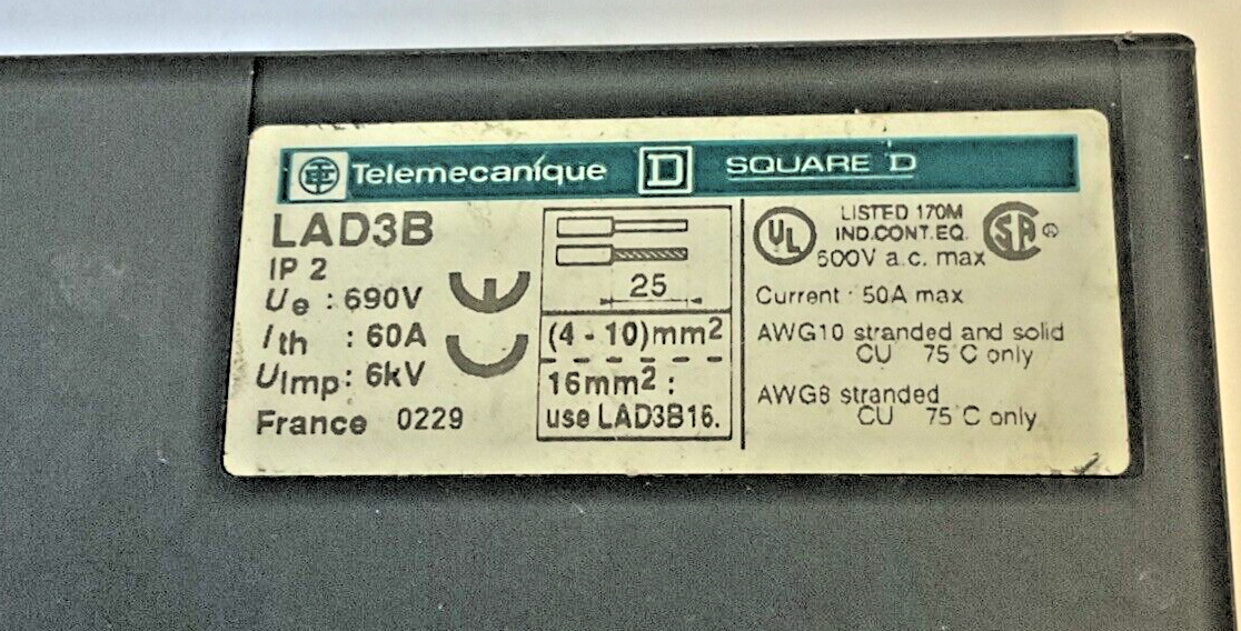 TELEMECANIQUE / SQUARE D LAD3B TERMINAL BLOCK 500VAC 50A