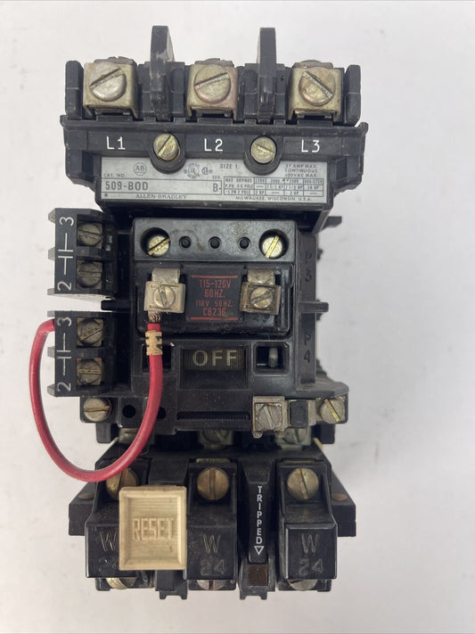 ALLEN BRADLEY 509-BOD SER B STARTER 600VAC 27AMP 10HP COIL 115-120V W24 HEATERS