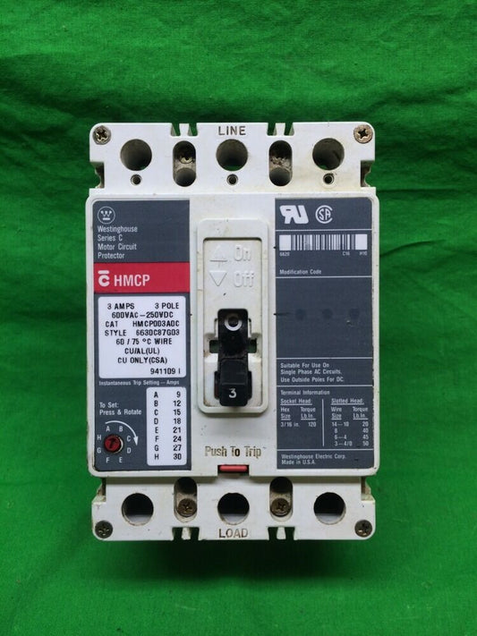 WESTINGHOUSE HMCP003A0C 3 AMP BREAKER 3POLE