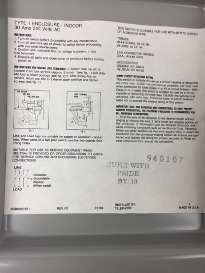 CHALLENGER HD321NFC HEAVY DUTY SAFETY SWITCH 30 AMP 240 VOLTS AC TYPE 1 INDOOR