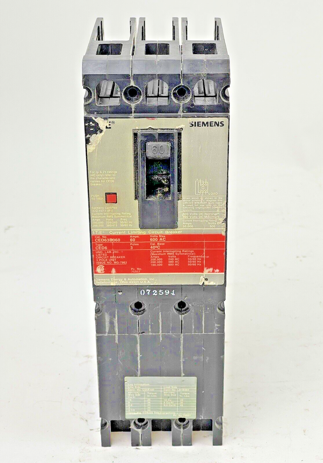 ITE - SIEMENS - CED63B060 - CIRCUIT BREAKER - 60 A, 600 VAC, 3 POLE, TYPE CED6