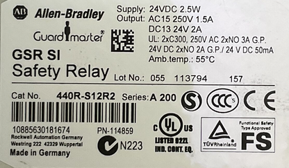 ALLEN BRADLEY 440R-S12R2 GSR SI SAFETY RELAY SER A OUTPUT AC15 250V 1.5A