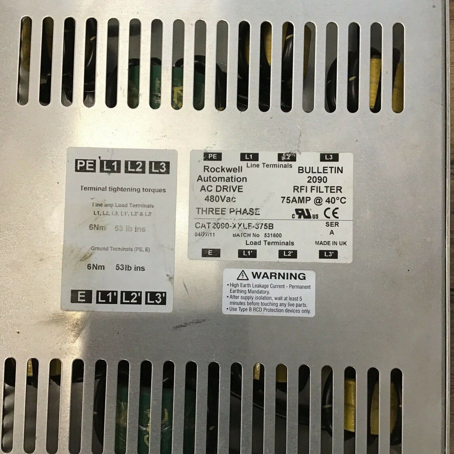 ROCKWELL AUTOMATION 2090-XXLF-375B AC DRIVE RFI FILTER 3PH SER.A 75A 480VAC