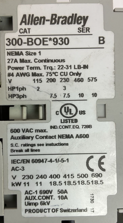 ALLEN BRADLEY STARTER (300-BOE*930 SER B 600VAC 27A 10HP+193-EEDD SER C+100-S)