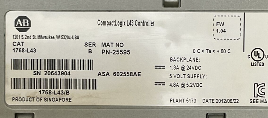 ALLEN BRADLEY 1768-L43 SER B FW 1.04 COMPACT LOGIX CONTROLLER