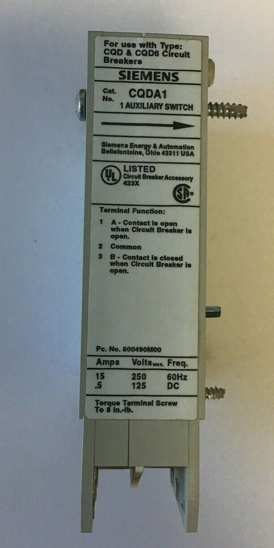 SIEMENS CQDA1 AUXILIARY SWITCH 250V 60HZ USE W/ CQD&CQD6 CIR. BREAKERS