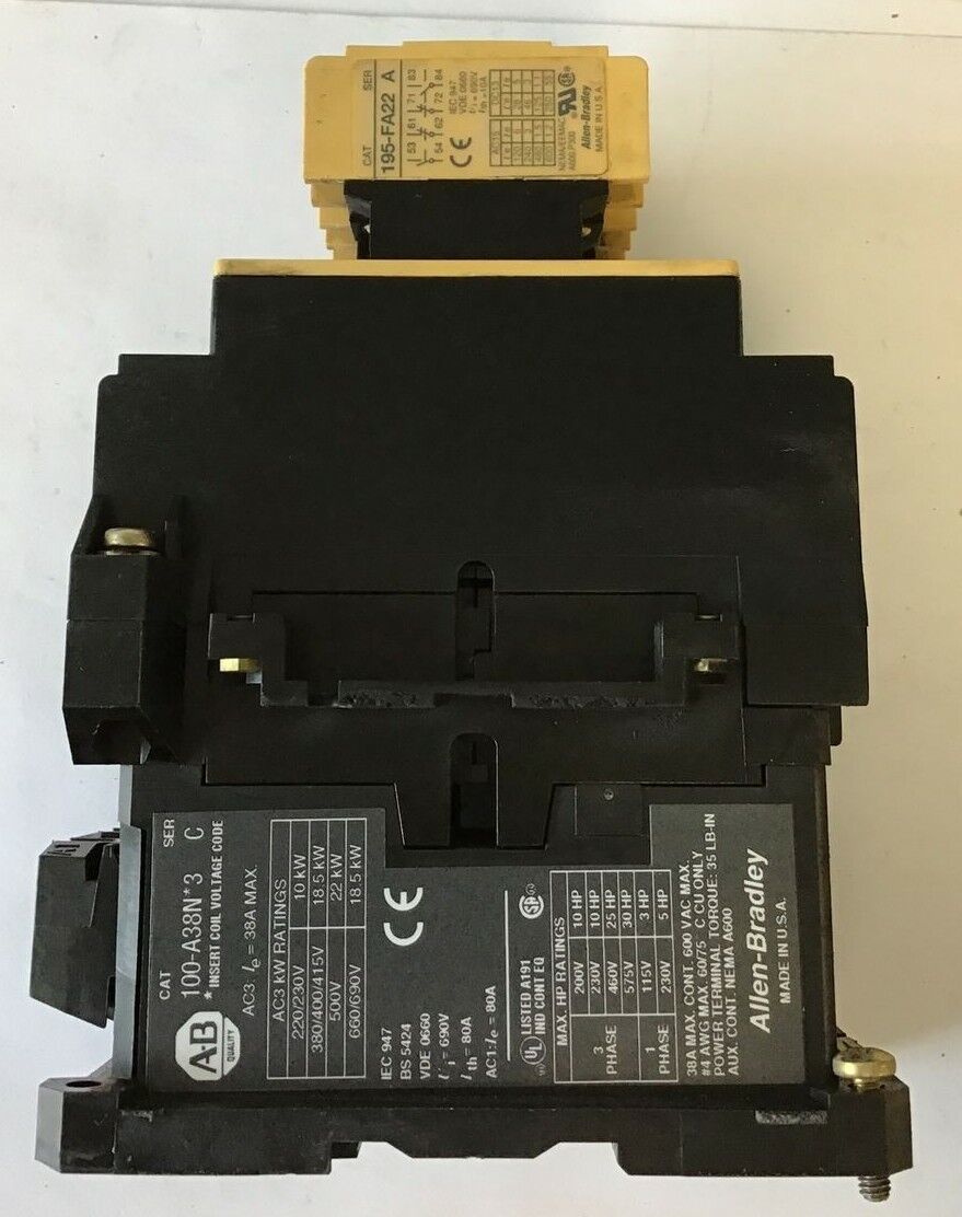 ALLEN BRADLEY 100-A38N*3 CONTACTOR SER.C  W/ 195-FA22 RELAY SER.A