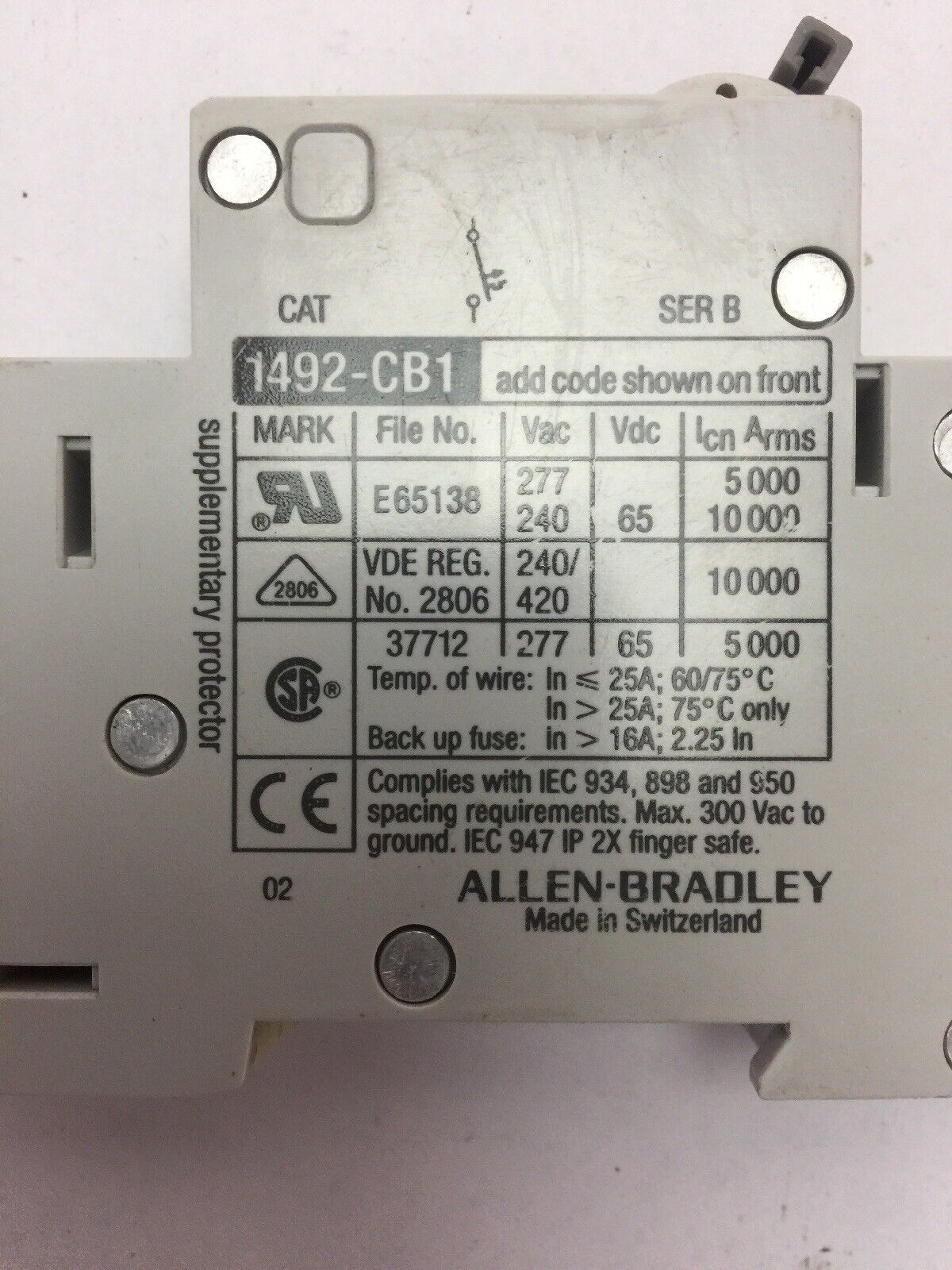 ALLEN BRADLEY 1492-CB1 G100 277VAC 65VDC 10A SER B