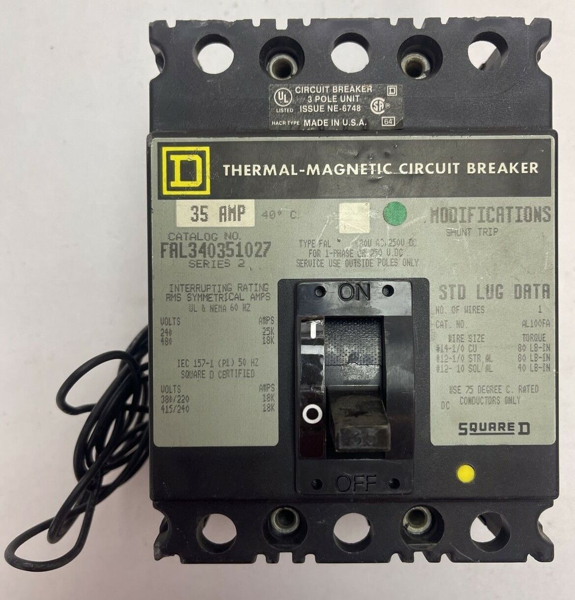 SQUARE D FAL340351027 THERMAL-MAG CIRCUIT BREAKER 35AMP 480VAC 250VDC 3P SER 2