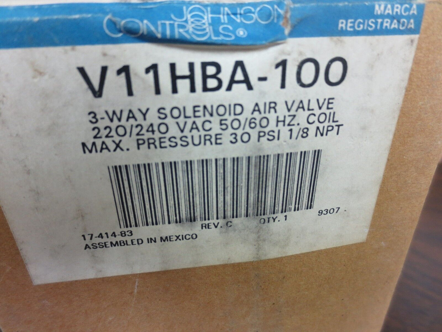 JOHNSON CONTROLS V11HBA-100 3-WAY SOLENOID AIR VALVE 220/240VAC 30psi MAX 1/8NPT