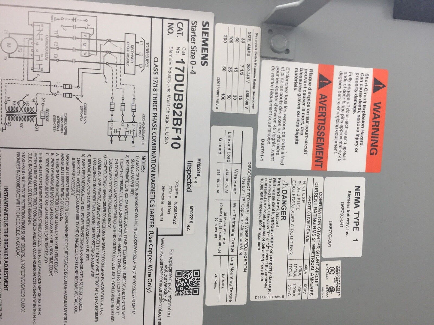 SIEMENS 17DUB92BF10 FUSIBLE COMBINATION FVNR HEAVY DUTY MOTOR STARTER