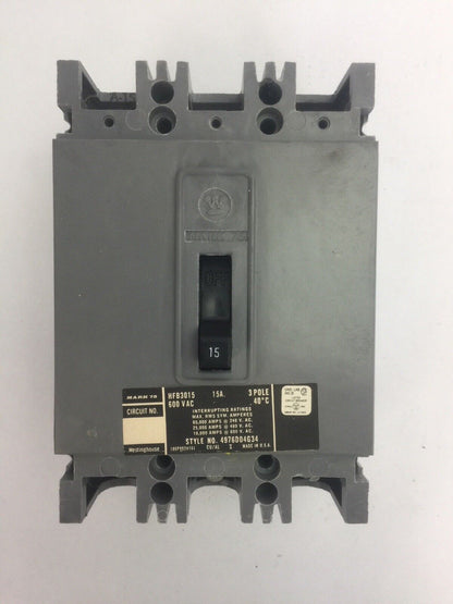 WESTINGHOUSE HFB3015 AB DE-ION CIRCUIT BREAKER 15AMP 600VAC 3 POLE