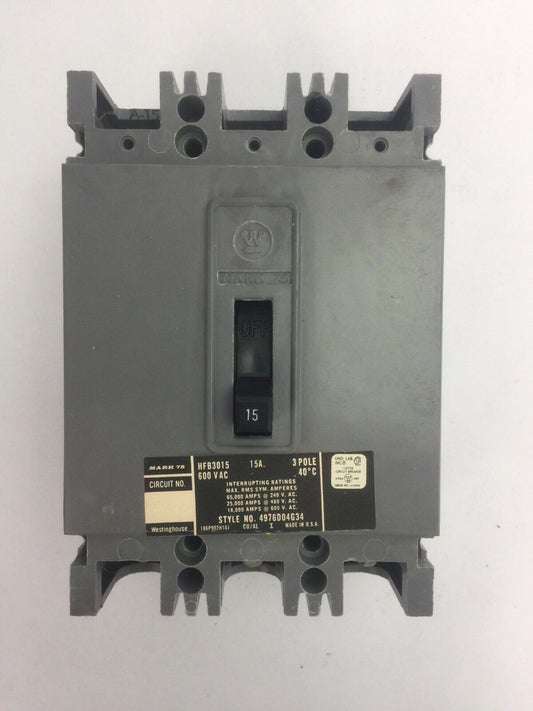 WESTINGHOUSE HFB3015 AB DE-ION CIRCUIT BREAKER 15AMP 600VAC 3 POLE