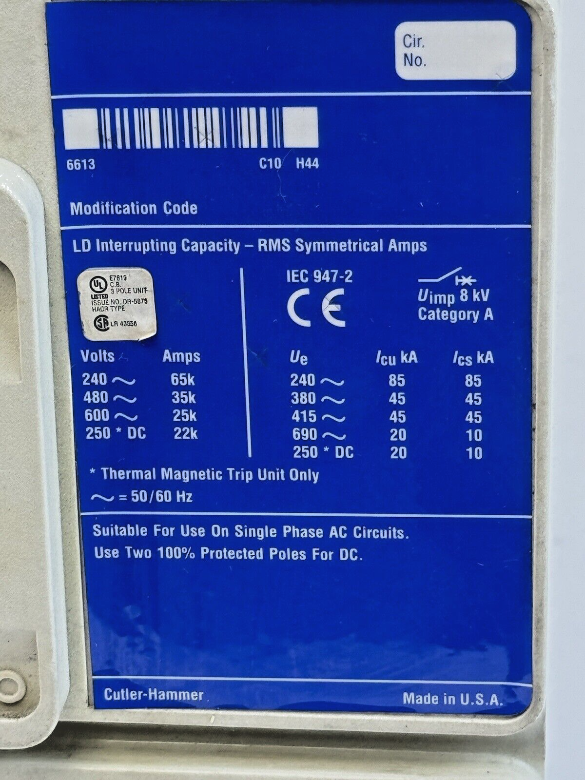 CUTLER-HAMMER - LD3450 - CIRCUIT BREAKER W/ 450A TRIP UNIT -450 A,600VAC, 3 POLE