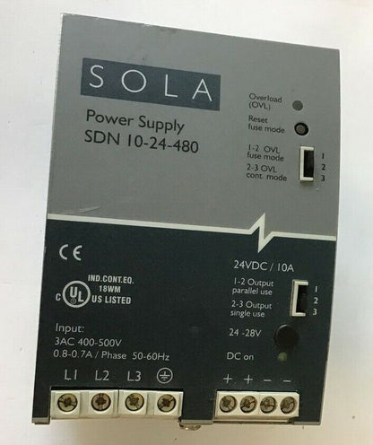 SOLA SDN 10-24-480 POWER SUPPLY 24VDC/10A 24-28V 0.8/0.7A 50-60HZ