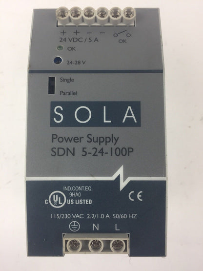 SOLA SDN 5-24-100P POWER SUPPLY 115/230VAC 2.2/1.0A 50/60HZ 24VDC/5A