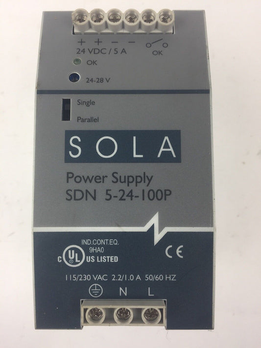 SOLA SDN 5-24-100P POWER SUPPLY 115/230VAC 2.2/1.0A 50/60HZ 24VDC/5A