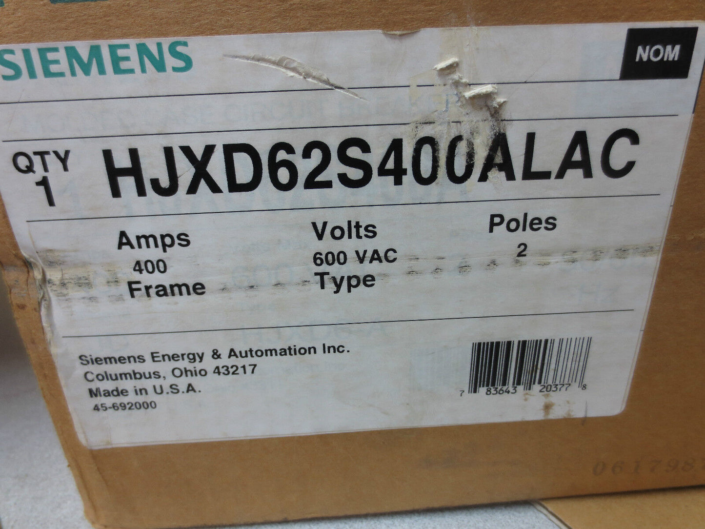 SIEMENS HJXD62S400A SENTRONÈ CIRCUIT BREAKER - 400A, 600VAC, 2-POLE NEW SURPLUS