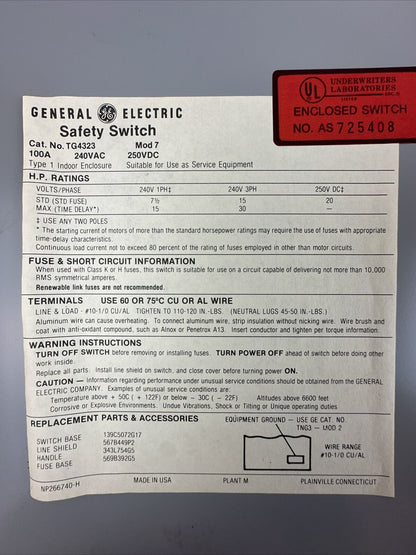 GE TG4323 FUSIBLE SAFETY SWITCH MOD 7 100A 240VAC 3PH 30HP 250VDC 20HP 3P TYPE 1
