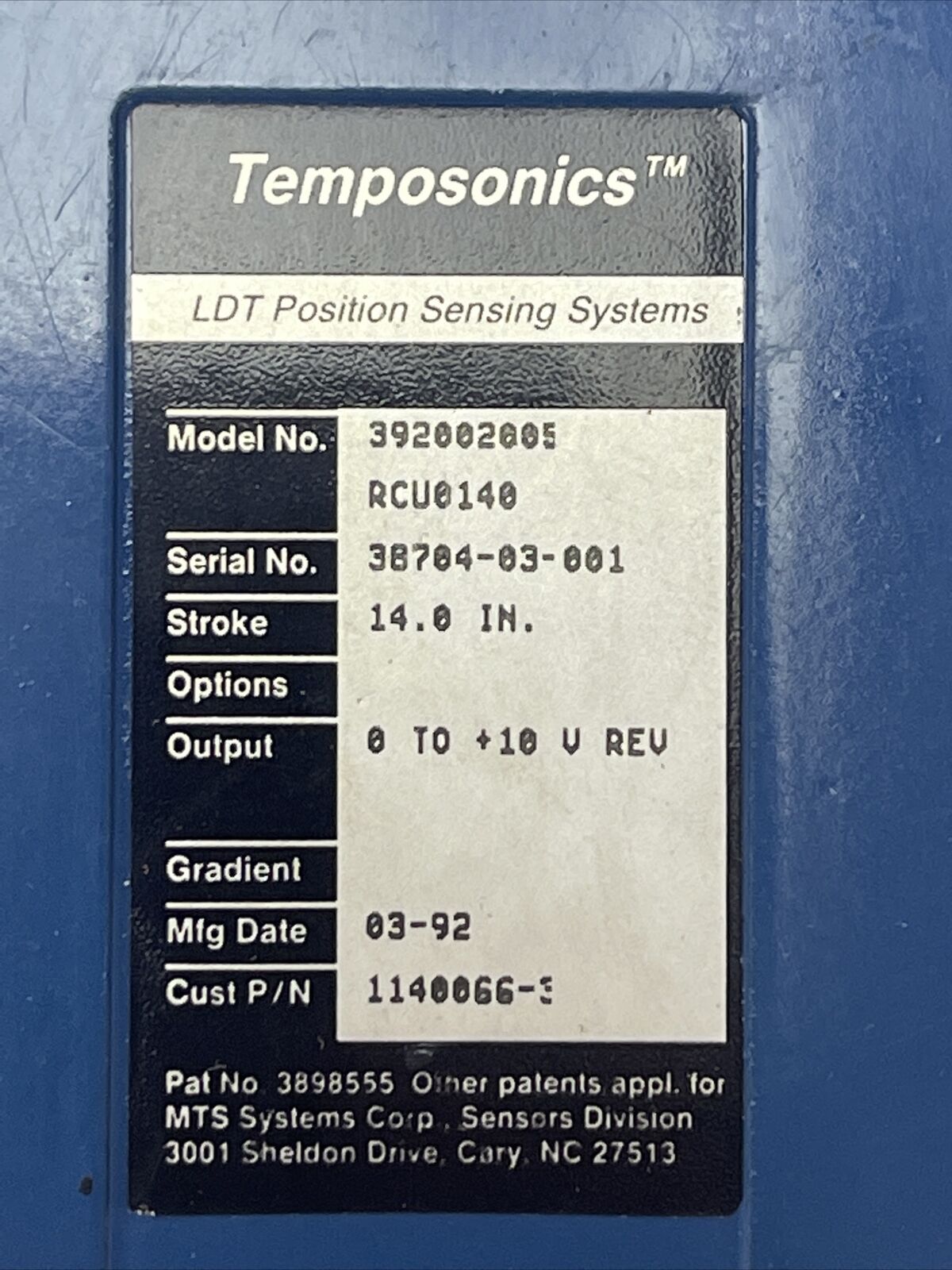 TEMPOSONICS 392002005 RCU0140 LDT POSITION SENSING SYSTEM OUTPUT 0 TO +10V REV